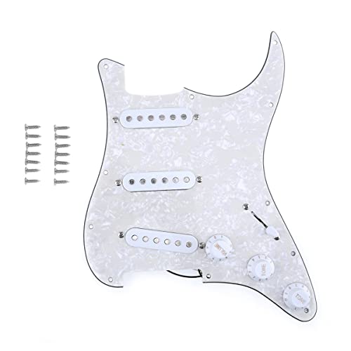 Musiclily 11-Hole SSS Prewired Schlagbrett Loaded Pickguard mit Single Coil Tonabnehmer Set für Fender Squier Strat E-Gitarre, 4 lagig Aged White Pearl