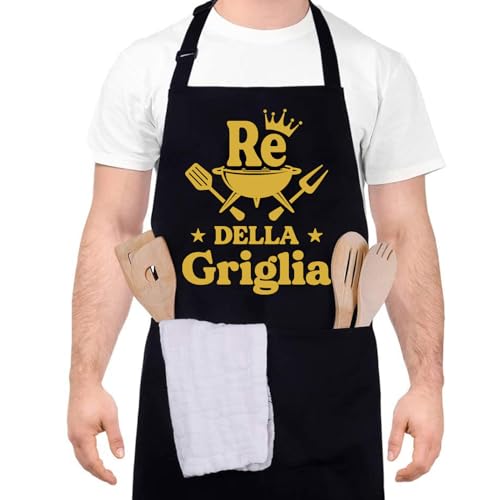 Halinuia Grembiule Barbecue Uomo Re Della Griglia Grembiule Cucina Divertenti con 2 Tasche Impermeabile per bbq Grigliate e Cucinare all'Aperto (Oro)