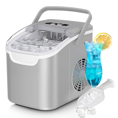 Antarctic Star Countertop Ice Maker,26Lbs/24H,9 Cubes in 6 Mins,Portable Ice Machine with Ice Scoop and Basket,2 Sizes of Bullet Ice Cube for Home Kitchen Office Bar Party, Grey