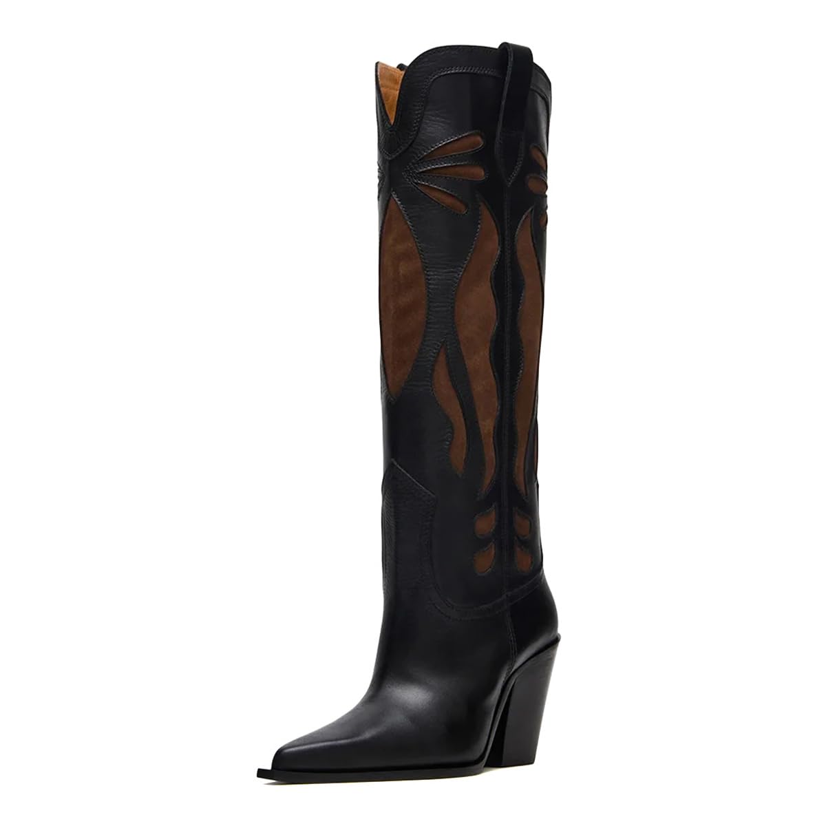 Pazzion Women Retro Closed Pointed Toe Western Boots Pull On Two Toned Block High Heel Knee High Boot