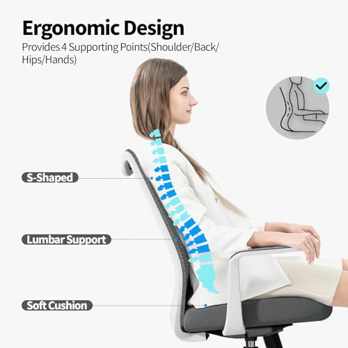Image of Ergonomic Office Chair, Comfy Swivel Mesh Chair Super Elastic Lumbar Support Fixed Armrests and PU Wheels Tilting & Height Adjustment Desk Chair (Light Grey)