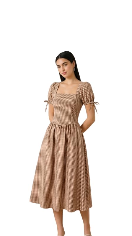 Striped Midi Dress for Women | Cotton Blend Square Neck Puff Sleeve Fit and Flare Summer Casual Vacation A Line Dress with Adjustable Back Tie and Flowy Skirt-picture-11