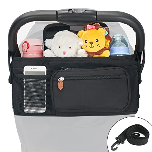 Image of Sunkorto Universal Stroller Organizer, Stroller Caddy Accessories with Insulated Cup Holder, Detachable Zippered Pocket & Non-Slip Straps, Fits For Baby Jogger, BOB, Umbrella and Pet Stroller - Black