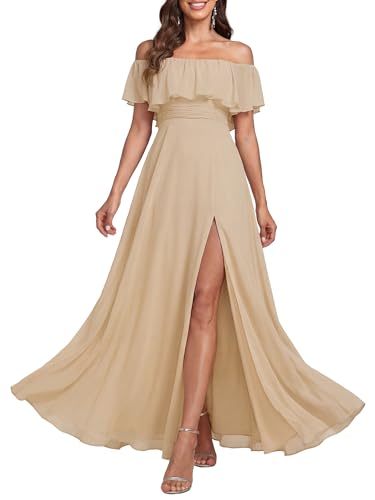Image of Ever-Pretty Women's Summer Off The Shoulder Flowy Chiffon Formal Wedding Guest Dresses Maxi Side Split Beach Bridesmaid Dress