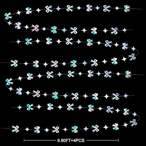 Image of Iridescent Bow Decorations Holographic Paper Star Bow Hanging Garland Streamer Banner for Coquette Birthday Bachelorette Wedding Bridal Shower Engagement Anniversary Hen Party Decorations Supplies