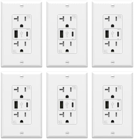 ThunderWay USB C Wall Outlet, 20 Amp Power Outlet with USB C Ports, 21W Electrical Outlets Receptacles with Fast Charging Ports, Tamper Resistant, Wall Plate Included, ETL Listed, White, 6 Pack