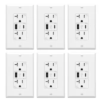 ThunderWay USB C Wall Outlet, 20 Amp Power Outlet with USB C Ports, 21W Electrical Outlets Receptacles with Fast Charging Ports, Tamper Resistant, Wall Plate Included, ETL Listed, White, 6 Pack