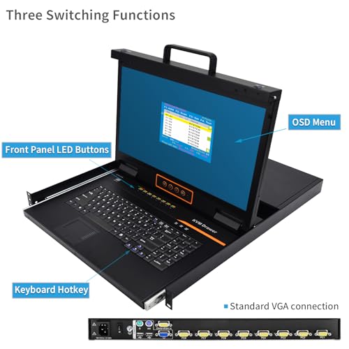 Image of 8 Port Rack Mount KVM Console 18.5-Inch Full HD, Standard 1U VGA KVM Switch + Keyboard Touchpad, 16:9 Aspect Ratio 1920 x 1080, OSD /Hotkey /Button Switching,Fits 19 inch Rack, 8 VGA USB KVM Cables Included