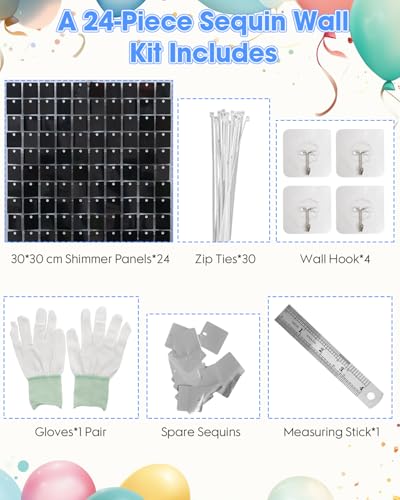 Image of Black Shimmer Wall Backdrop, 24 Panels, 6x4 Ft Photo Backdrop | wedding backdrop birthday backdrop party decoration photo booth backdrop bridal shower baby shower event decoration