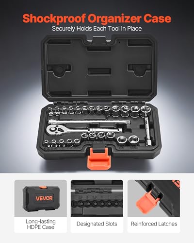 Image of VEVOR Socket Set, 27 Pieces, 1 /4 inch Drive Socket and Ratchet Set, SAE and Metric, Mechanic Tool Kit with Ratchet Wrench, Extension Bar and Storage Case, CR-V Alloy Steel, for Automotive Repair
