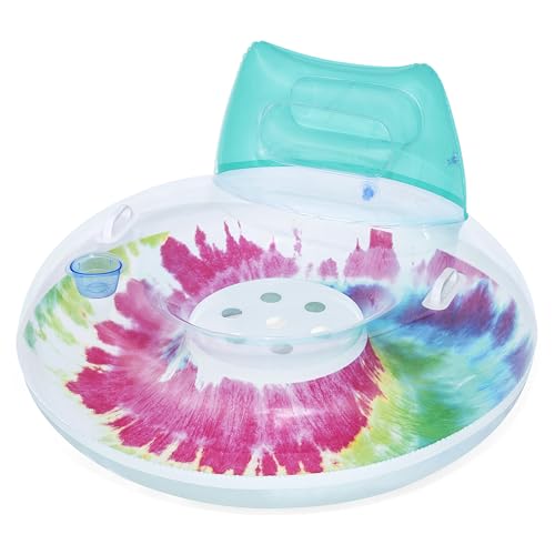 Bestway Schwimmring Tie Dye mit Kopfstütze Ø 106 cm Großer Pool Schwimmreifen für Erwachsene mit Griffen & Lehne für See & Strand Buntes Design