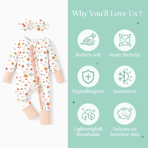 Image of PATPAT Bamboo Viscose Baby Footie with Headband, NB-2T | 2 Way-Zipper, Fold-over mittens and feet, Soft and Breathable, True to size, Stretchy for duration, Comfort in every season
