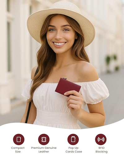 Image of typecase Womens Wallet Card Holder: Pop Up Card Case, Genuine Leather, RFID Blocking, Slim, Minimalist, Thin, Small Size - 9-14 Card Capacity, ID Window, Cash Pocket (Merlot Red)