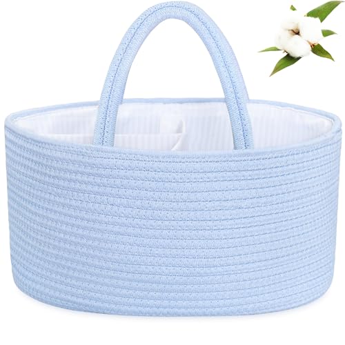 Image of ABenkle Diaper Caddy Organizer, Boho Rustic Cotton Rope Nursery Baby Basket, Changing Table Organizer for Baby Diaper Storage and Baby Shower