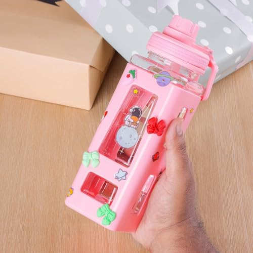 Image of Kawaii Water Bottle with Straw and Lid, 700ml /23.6OZ Cute Water Bottles BPA-free & Leak Proof Square School Drinking Bottle, Cute Plastic Color School Plastic Water Bottle for Girls (Pink)