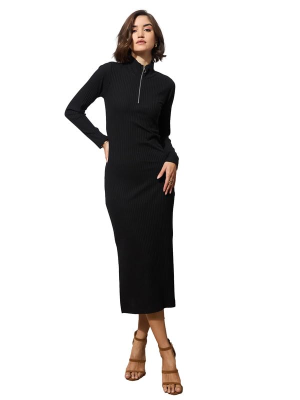 Image of barcino Black Rib High Neck Front Half Zipper Dress