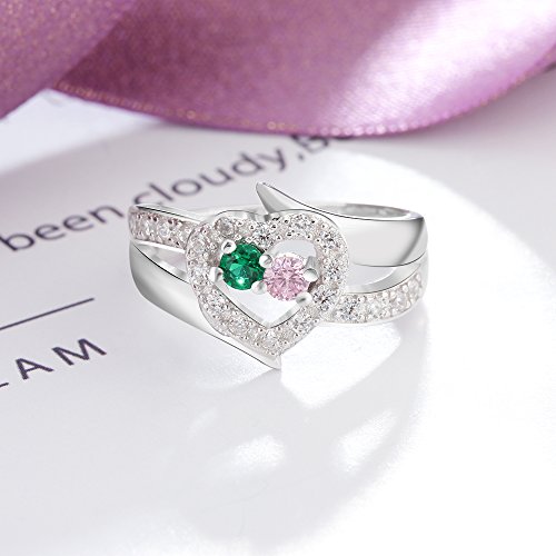 Engraved Engagement Rings for Women Personalized 2 Simulated Birthstones Promise Heart Rings for Lover4