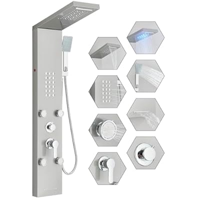 Fuz LED Shower Panel Tower System, 5 Function Stainless Steel Brushed Nickel Shower Tower with Rainfall Shower Head and Handheld, 4 Body Jets and Waterfall Tub Spout, High Pressure Shower Column