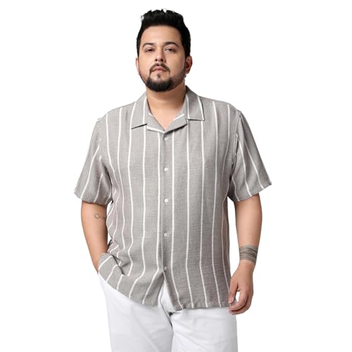 Image of Urbano Plus Men's Cotton Half Sleeve Relaxed Fit Linen Striped Shirt with Cuban Collar