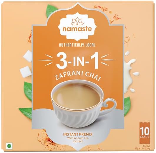 Namaste Chai Instant Tea Premix Zaffrani Chai | Assam | Cardamon | Kesar Flavor | Milk and Sugar | Ready Mix Powder |22g x 10 Sachets