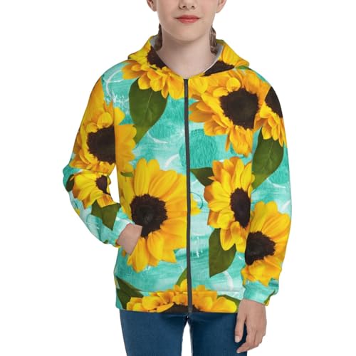 Yellow Sunflowers With Green Leaves Kid Hoodies Boys Zip Up Sweatshirts Girls Pullover with Pocket3