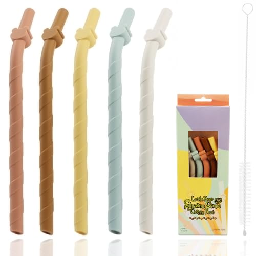 5 Pcs Wide Silicone Straws Set with Cleaning Brush, for Kids and Adults Bendy Straws, Reusable, BPA-Free, Dishwasher Safe 155mm Long 8.8mm Wide