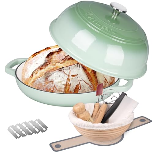 VORRINGARD Enameled Cast Iron Dutch Oven Pot with Lid, Bread Oven for Sourdough Bread Baking, Dutch Ovens with Bread Proofing Basket& Baking Supplies Set, 6 Quart, Green