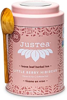 JusTea LITTLE BERRY HIBISCUS | Loose Leaf Herbal Tea | Tin with Hand Carved Tea Spoon | 40+ Cups (3.2oz) | Caffeine Free | Award-Winning | Fair Trade | Non-GMO