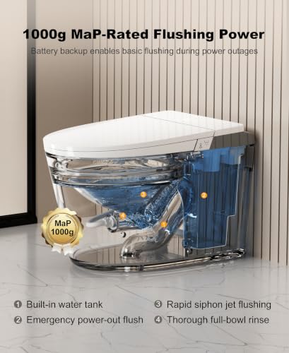 Inodoro inteligente con bidet, tanque integrado, escudo de espuma, asiento extra ancho | altura ADA, asiento calefactable, descarga 1000g MaP, control por voz AI, tapa automática, filtro de agua, descarga en corte de energía, pantalla LED y luz ambiental. miniatura 5