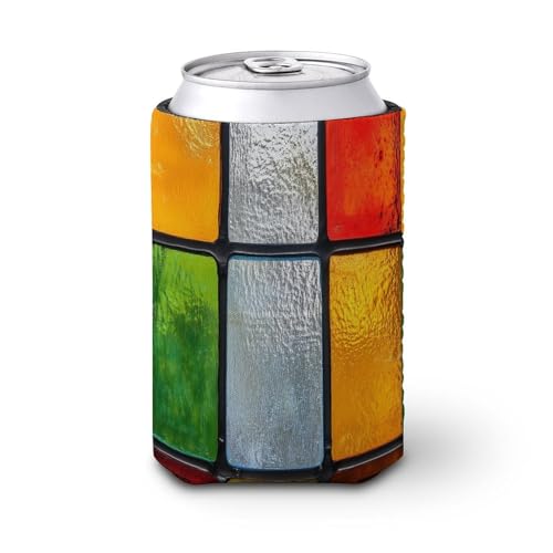 Funda enfriadora de latas de cerveza, panel cuadrado de vidrieras rojo, verde y naranja, enfriador de cerveza, soporte de bebidas aislado suave para fiestas, playa, eventos, hogar