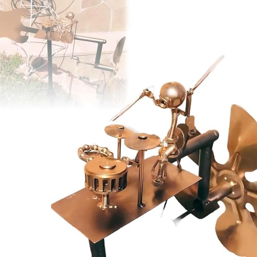 Molino de viento de metal hecho a mano, decoración de jardín, tambor steampunk, spinner, figuras musicales percusionistas, escultura cinética alimentada por el viento para decoración de patio, césped