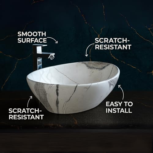 Image of Ceramic Tabletop Wash Basin - Glossy Bowl Shape Countertop Vessel Sink with Marble Finish for Bathroom & Vanity | Compact 16 x 13 x 5 Inch | Elegant Washbasin