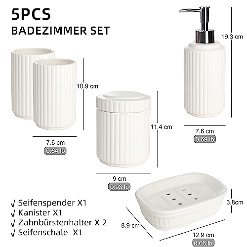 NOVAJOY Badezimmer Set Keramik – 5 Teile, Badezimmer Organizer mit Seifenspender, Seifenschale, Zahnbürstenhalter, Wattestäbchen Kanister, Hochwertiges Badezimmer Deko Set (Beige Weiß)