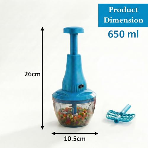 Image of Chopper for Kitchen Use | 650 ml Round Push Chopper with 3 Blades and Whisker | Chopping Vegetables & Fruits, Onion, Ginger, Garlic, Salad, Tomato, Potato (Blue)