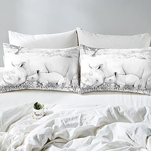 Rhino Fitted Sheet Safari Animals Bed Sheets Rhino Baby Family Sketch Bedding Sets African Grassland Wildlife Hand Draw Sheet Set Deep Pocket 4 Pieces Top Flat Sheet 2 Pillow Cases Queen #TOP2