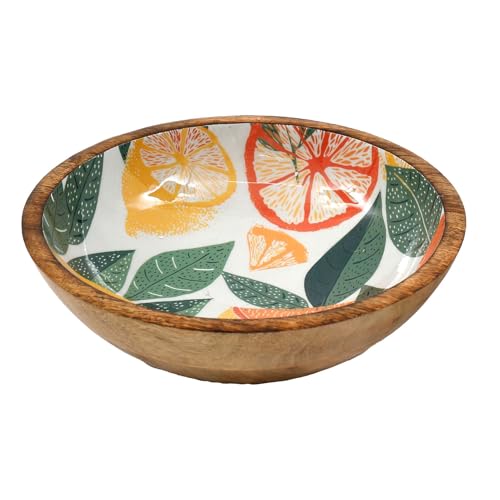 White Citrus Zest Wooden Enamel Bowl | Mango Wood Salad Fruit Bowl | Decorative Serving Dish - 25cm