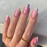 Press on Nails Medium Square French Tip Fake Nails Gradient Full Cover False Nails with Rainbow Nail