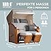 MR. DEKO Strandkorb Schleswig Pinie Braun PE Mokka Dessin 559 | 2 Sitzer wetterfest | Strandkörbe Garten Balkon | Roofed Wicker Beach Chair | Volllieger Pinienholz Zweisitzer | Fertig montiert