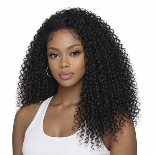 Human Hair Half Wig Kinky Curly - 200% Density, 20 Inch, Glueless Wear & Go, 3 in 1, Flip Over, Headband, Drawstring Wig, Natural Look, Beginner Friendly (Natural Black, 20 Inch, Kinky Curly)