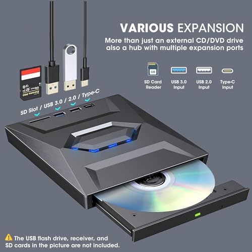 Image of External CD DVD Drive CD /DVD-ROM Burner Player with USB 3.0 /2.0 / USB-C /SD Card Reader, Portable CD /DVD ROM + /-RW Optical Disc Drive for Laptop PC Mac Windows 11 /10 /8 /7 Linux Computer