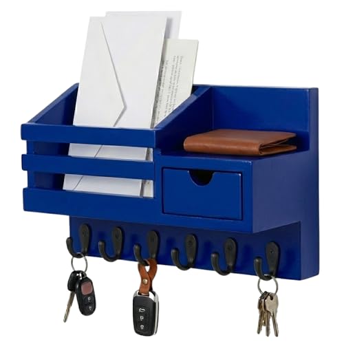 Image of Wooden Wall Mounted Key Holder with Hooks and Organizer Shelf Wall Rack for Letters Wallets and Accessories Home and Office Wall (Blue, Drawer Organizer - 35.5 x 9 x 23 cm)