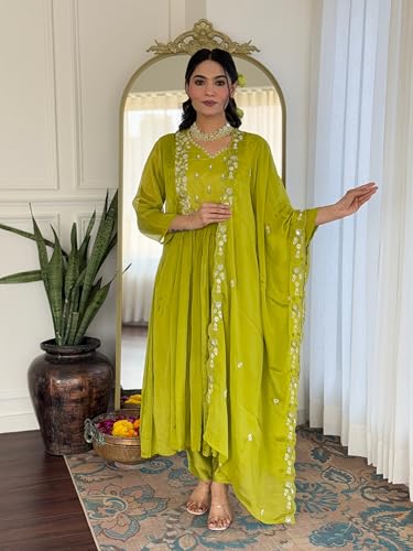 Image of Naixa Women's Chinon Embroidered Flared Kurta with Pant and Dupatta Sets (Available in Plus Size) (NX-616)