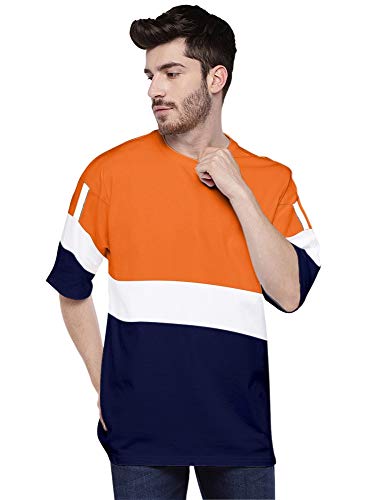Image of EYEBOGLER Men's Striped Regular fit T-Shirt (T91 Orange-Navy Blue-White M)