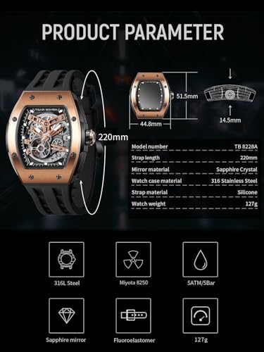 Image of TSAR BOMBA Mens Luxury Watch Automatic Watches for Men 50M Waterproof Japanese Mechanical Movement Tonneau Stainless Steel Case Sapphire Glass Big Face Cool Unique Fashion Gift Men