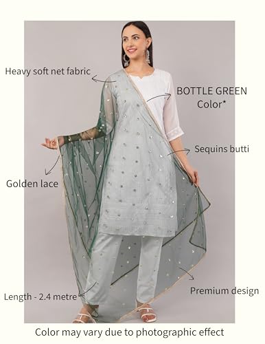Image of Net Butti Dupatta for Women | Golden Lace Border Chunni | Butti Work Odhani | Wedding & Bridal Styling | Lightweight Drape | Kurti & Salwar Suit