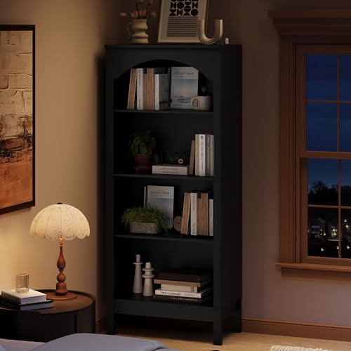 Image of 56 inch H Tall Bookshelf and Bookcase, Arched Book Shelf with 4-Tier Open Shelves, Wooden Storage Bookcase Freestanding Display Bookshelves for Bedroom, Living Room, Black