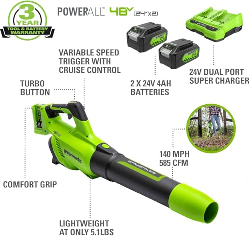 Greenworks 48V (24V x 2) Cordless Brushless Axial Leaf Blower (140 MPH / 585 CFM / 200+ Compatible Tools), (2) 4.0Ah Batteries and Dual Port Rapid Charger Included