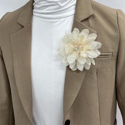 Image of Rhinestones Flower Fabric Big Brooches Lapel Pins for Women Elegant Organza Floral Brooch Pin for Dresses Suit Wedding Banquet Clothes Accessories Fashion Jewelry 130mm