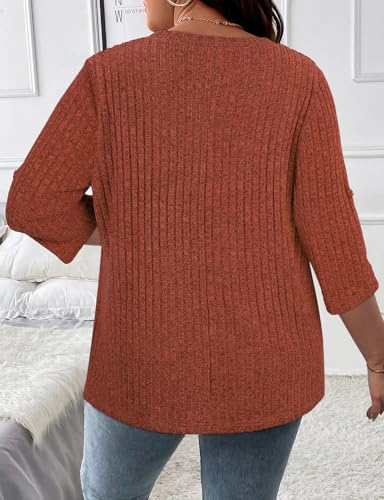 Image of Koscacy Women Plus Size V Neck 3 /4 Roll Sleeve Sweater Casual Knit Tops Solid Color Blouses