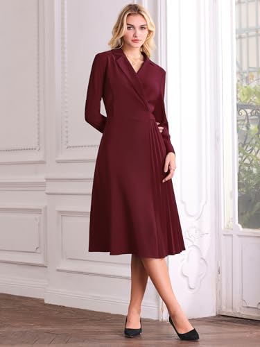 Image of Hobemty Women's Wrap Dress A-Line Pleated Midi Long Sleeve Dresses